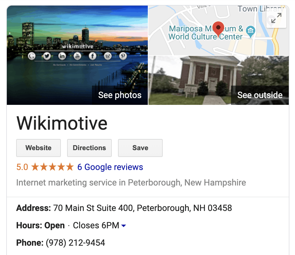 A closeup of the Wikimotive GMB Knowledge Panel