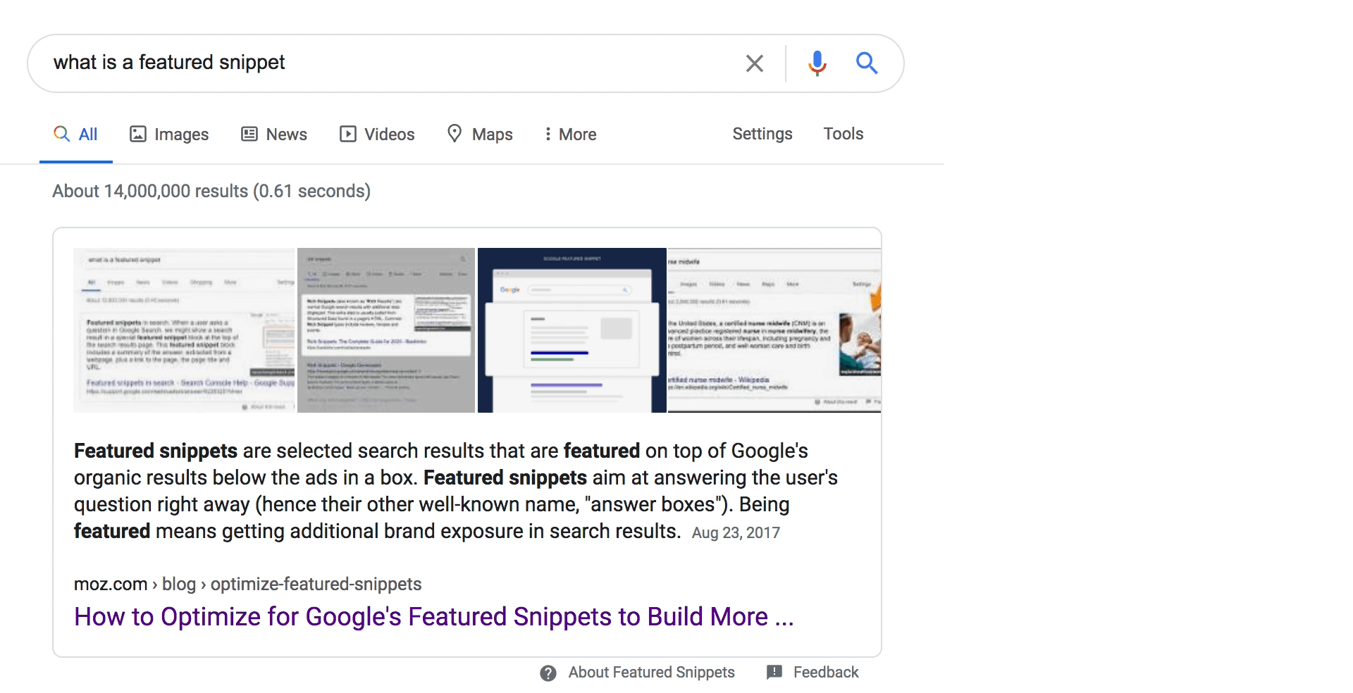 A featured snippet about "Featured Snippets" courtesy of MOZ