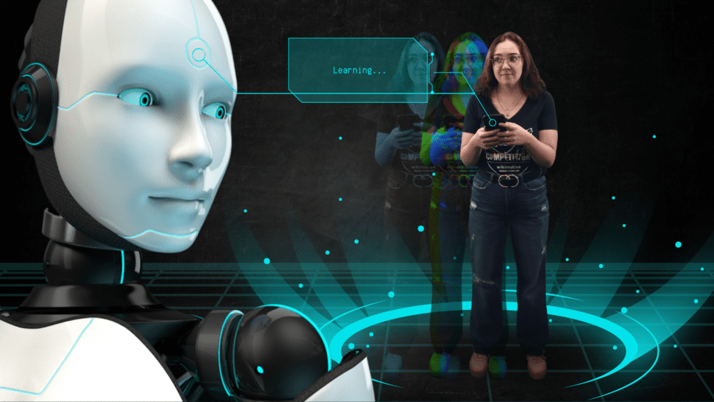 Girl on her smartphone catching a robot analyzing her