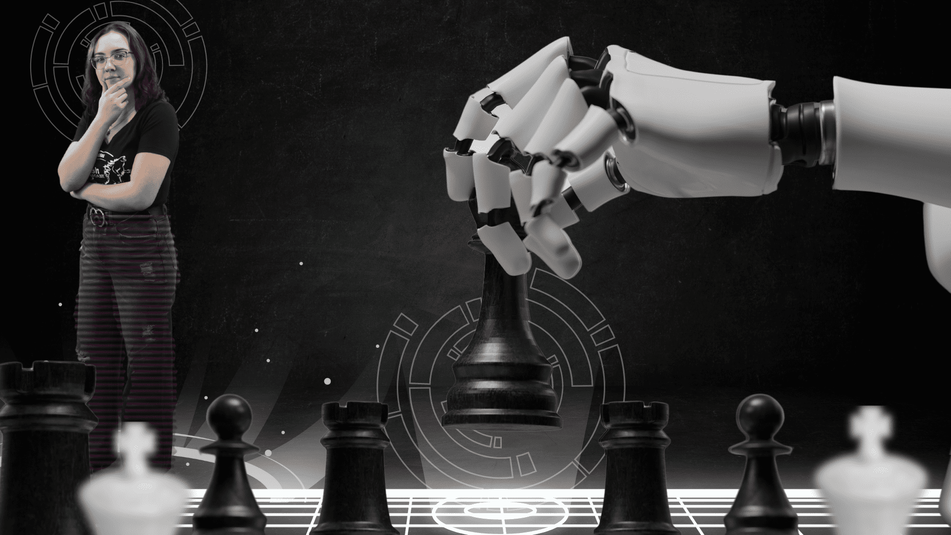 Woman standing behind a large chess set analyzing her next move