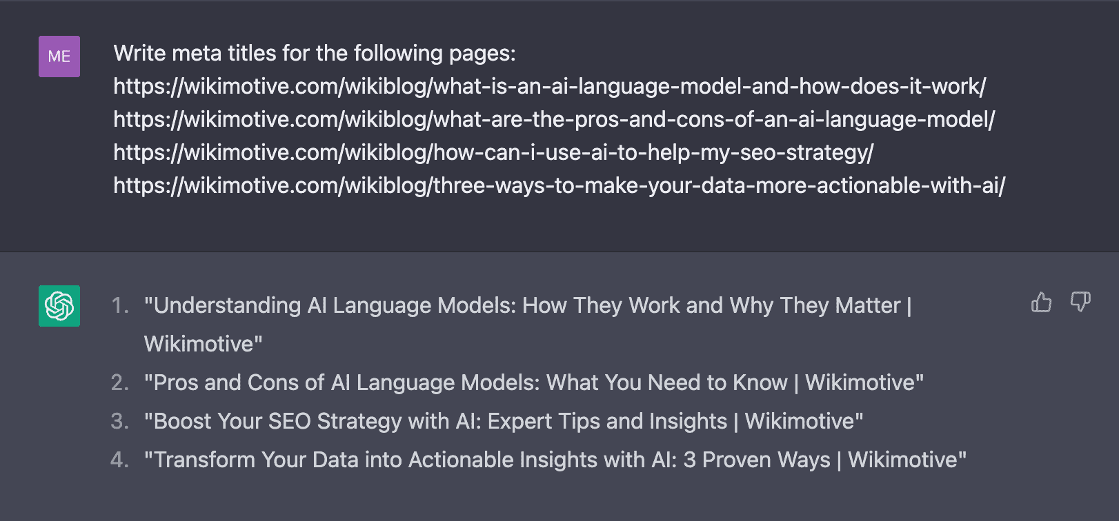 Screenshot of ChatGPT's response to a request for meta titles
