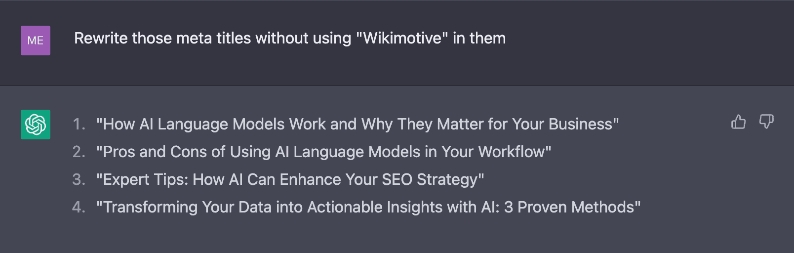 ChatGPT's response to a request for the tool to rewrite meta titles