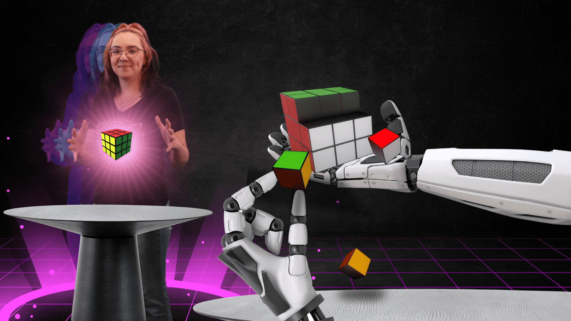 Can AI Replace My SEO Provider Female SEO professional proudly admiring a finished rubix cube while a robot struggles to complete one