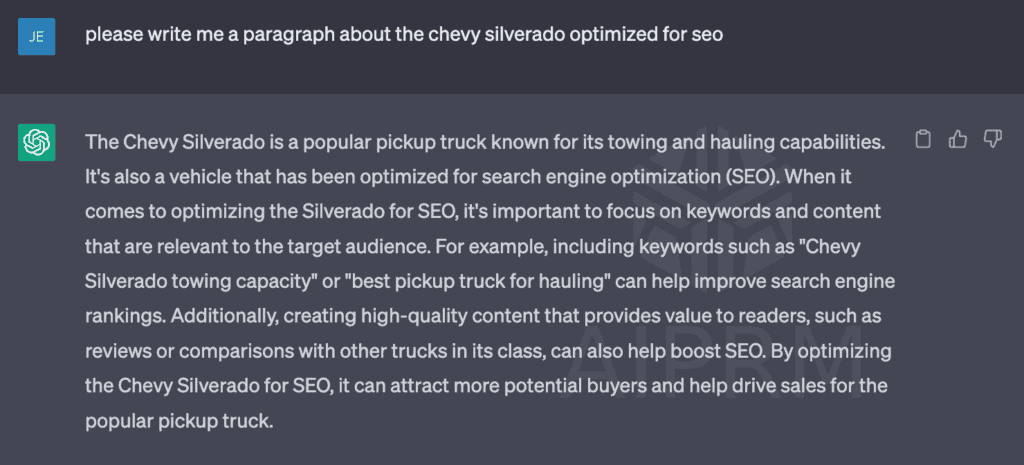 ChatGPT summarizing the Chevy Silverado in a paragraph optimized for SEO.