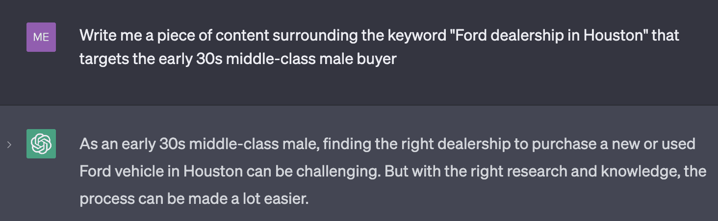 Screenshot of ChatGPT being prompted to write a piece of content for a Ford dealership in Houston