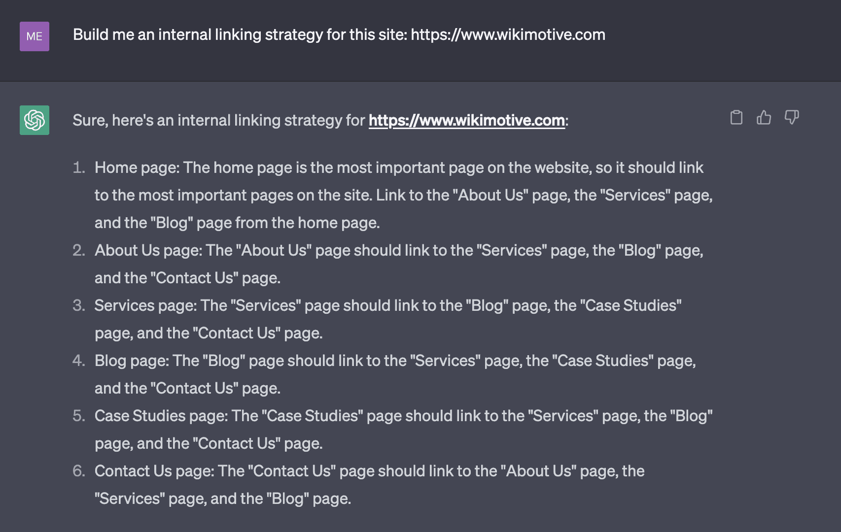 Screenshot of ChatGPT being prompted to build out an internal linking structure based on a specific domain