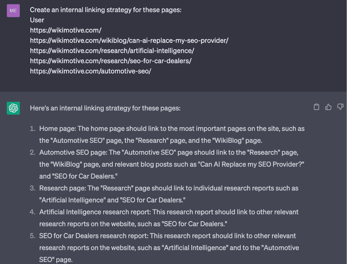 Screenshot of ChatGPT being prompted to build out and internal linking structure based on a set of URLs