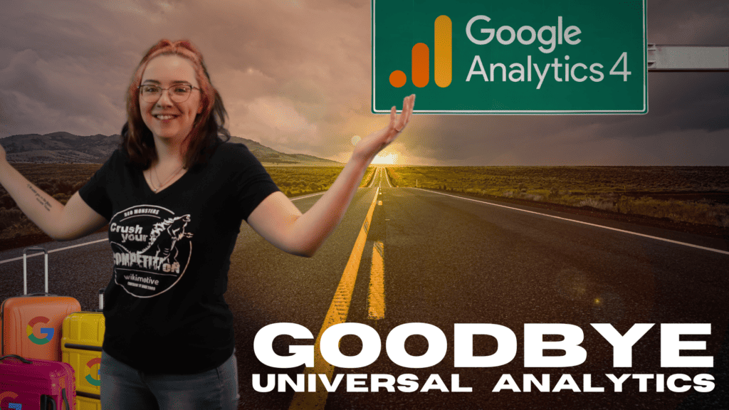 Woman standing with suitcases on an open road that has a Google Analytics 4 sign on it