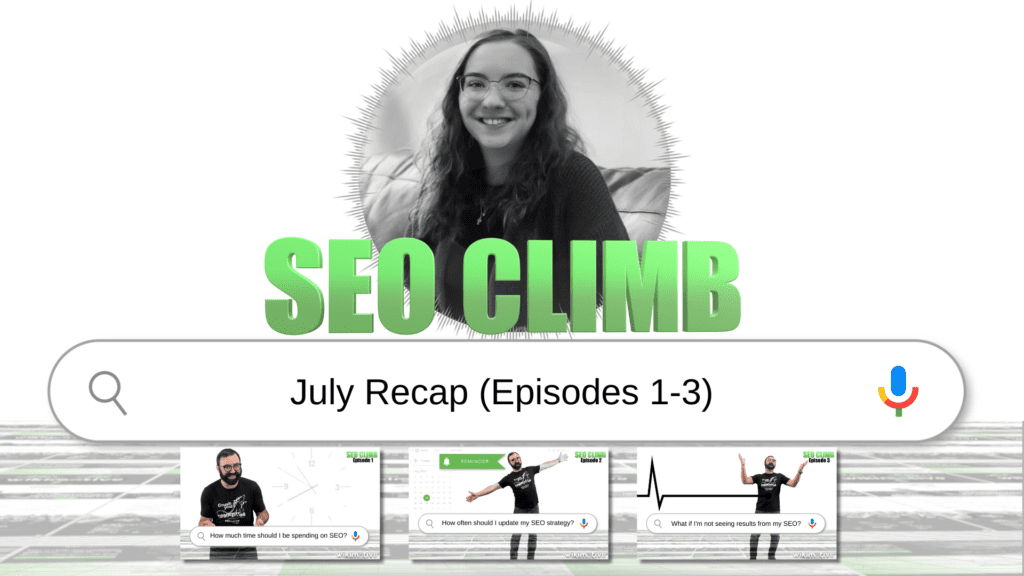 Woman smiling in a bubble above the words 'SEO Climb,' a search bar, and three video clips