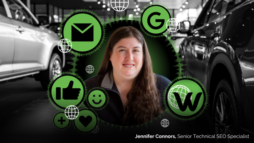 A woman's face in a green circle between two vehicles on a dealership's showroom floor, surrounded by icons of marketing tools used to monitor SEO efforts.