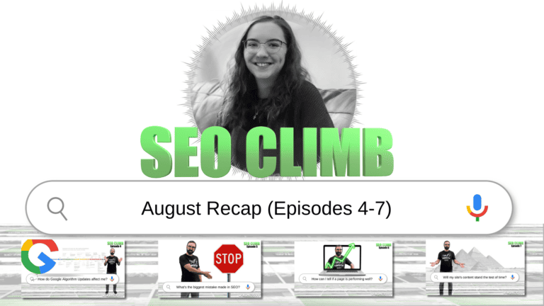 Girl smiling above the words "SEO Climb," a search bar, and various video clips