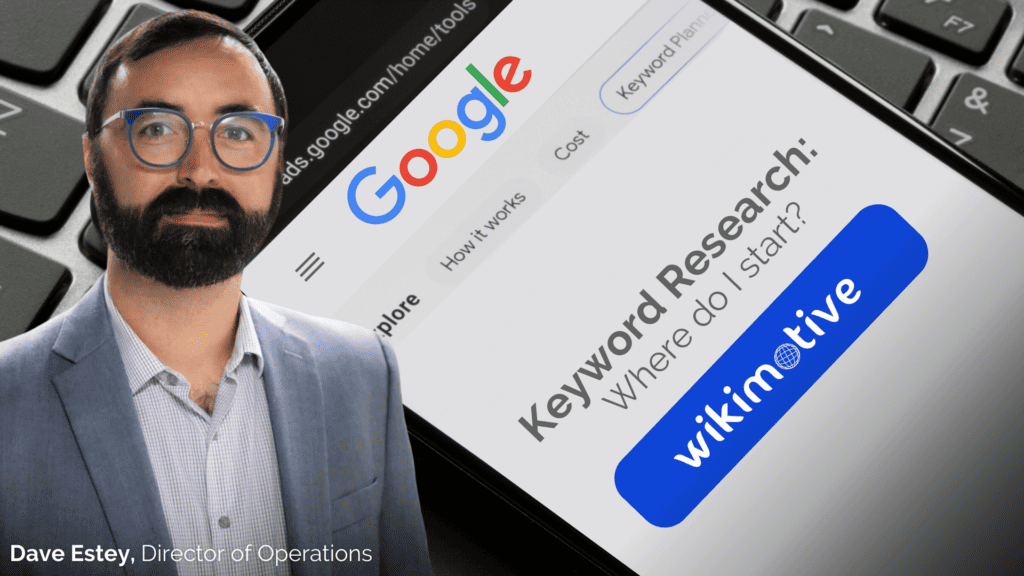 Dave Estey in front of an image of a smartphone searching for "keyword research"