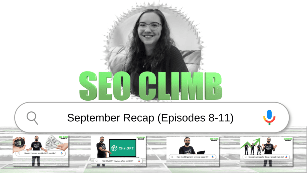 Woman smiling in a bubble above the words "SEO Climb," a search bar, and video clips