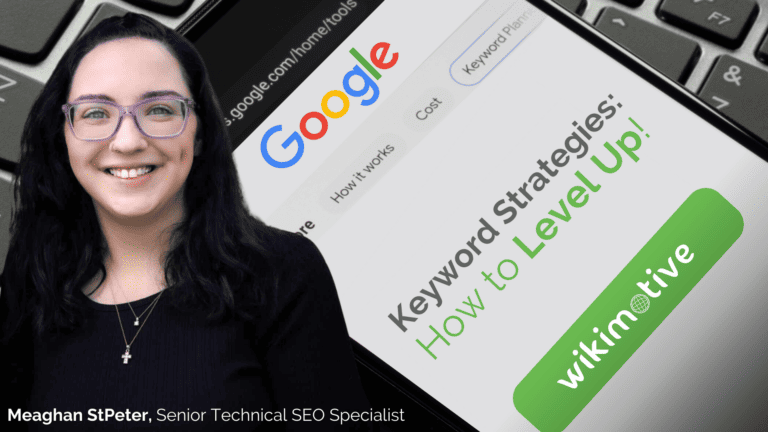 Female Technical SEO Specialist in front of a smart phone with Google displaying information about keyword strategies