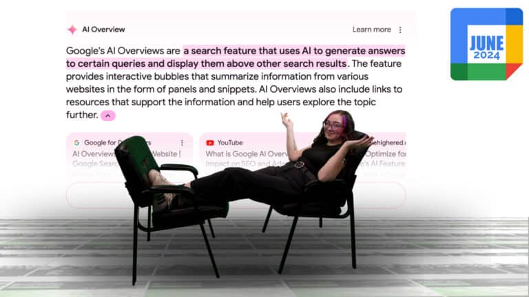 Automotive SEO professional lounging on chairs in front of a screen displaying a Google AI Overview