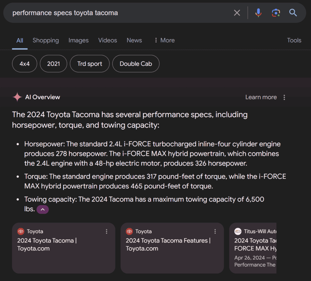 Google AI Overview displaying performance specs of the Toyota Tacoma