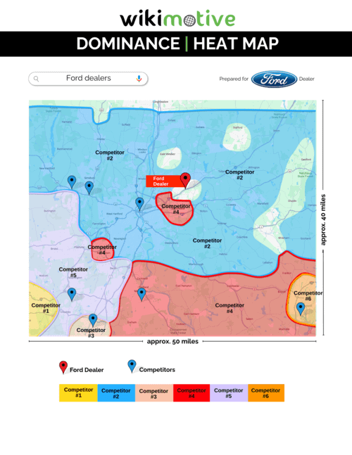 Heat map displaying a car dealership's Google search performance compared to their competitors'.