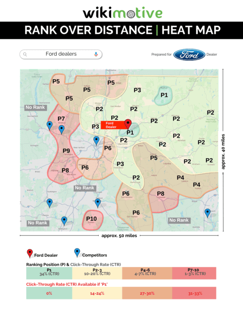 Heat map representing a car dealership's Google search performance across their market area.