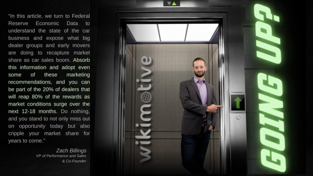 Automotive SEO professional standing in an elevator next to a quote about the car market.