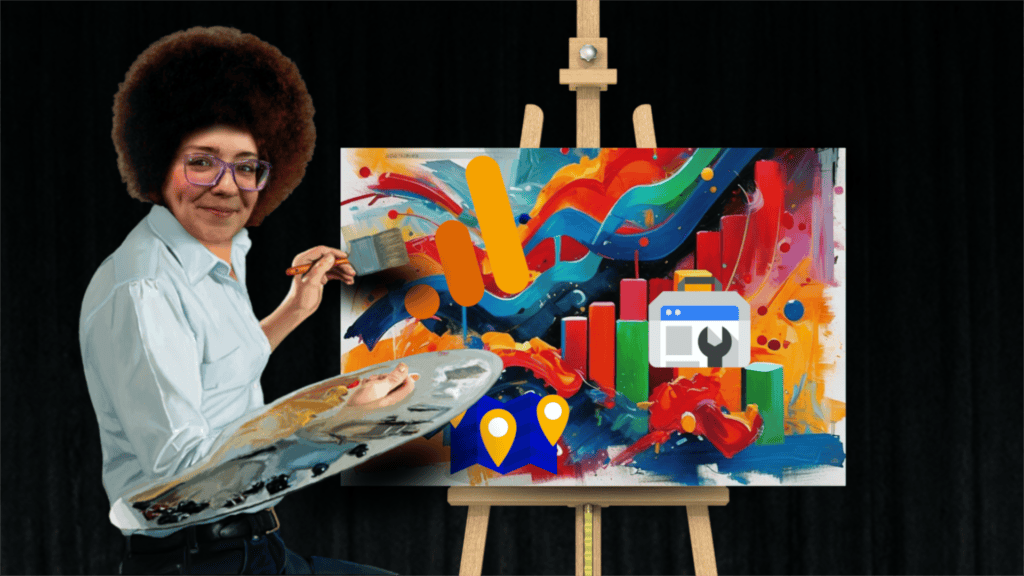 An SEO professional, dressed as Bob Ross, painting an automotive SEO data graph with logos of various analytics tools included.