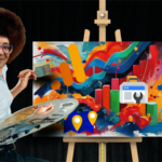 An SEO professional, dressed as Bob Ross, painting an automotive SEO data graph with logos of various analytics tools included.