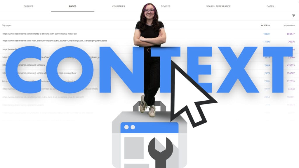 Automotive SEO professional standing in front of a Google Search Console dashboard and behind the word Context.