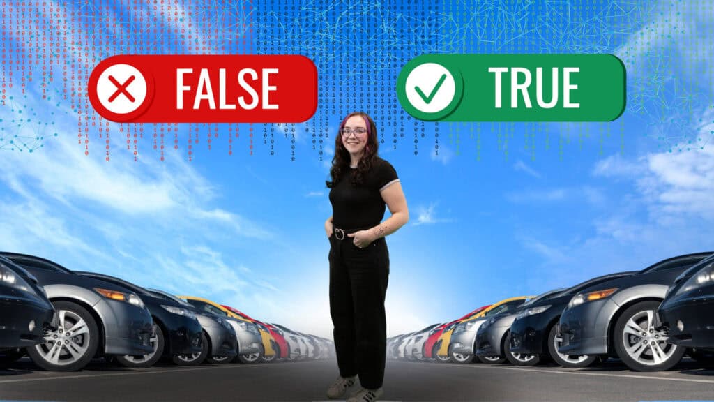 Automotive SEO professional standing in a car lot below the words "False" and "True"