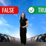 Automotive SEO professional standing in a car lot below the words "False" and "True"