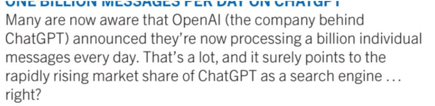Screenshot confirming that ChatGPT processes more than one billion messages per day