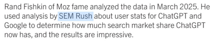 Screenshot of stating that ChatGPT search market share has been analyzed