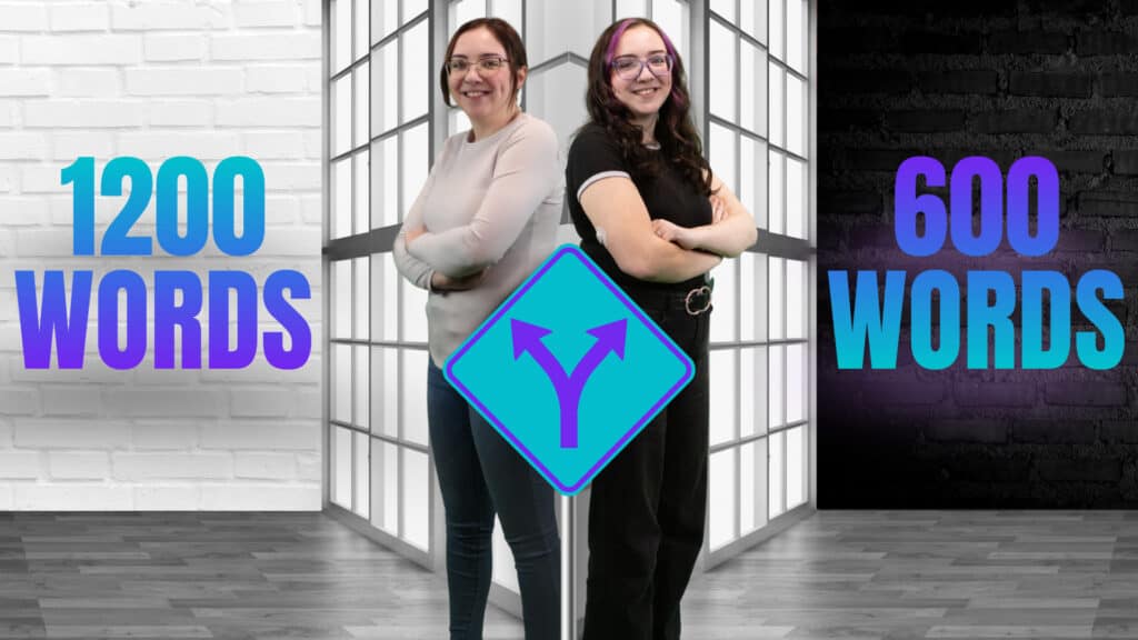 Automotive SEO professionals standing back to back while comparing 600 and 1200 word content