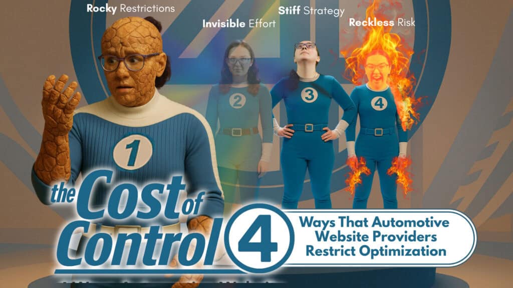 Four female characters in different poses representing the ways website providers restrict automotive SEO strategy