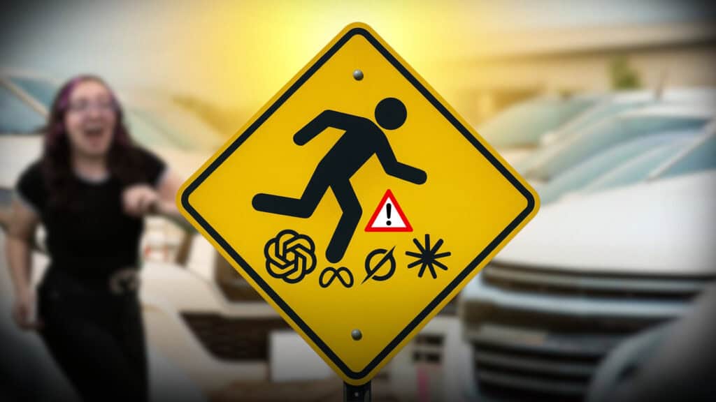 Automotive SEO professional running toward a street sign with artificial intelligence models logos on it.