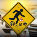 Automotive SEO professional running toward a street sign with artificial intelligence models logos on it.