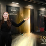 Automotive marketing professional standing at different doors in a dimly lit hallway.