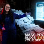 Automotive SEO professional in a content marketing factory next to piles of paper
