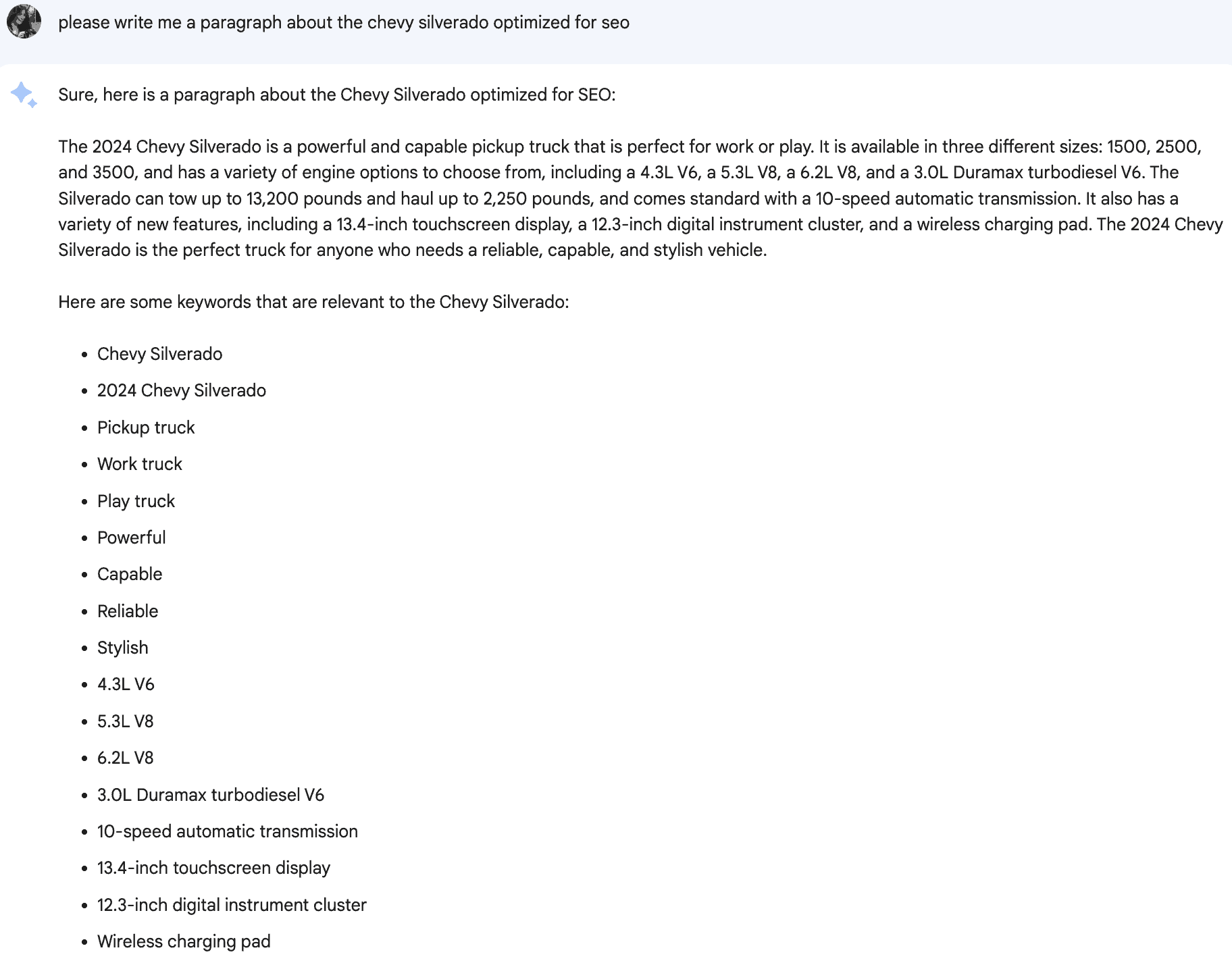 Bard summarizing the Chevy Silverado in a paragraph optimized for SEO, including a list of keywords relevant to the vehicle.