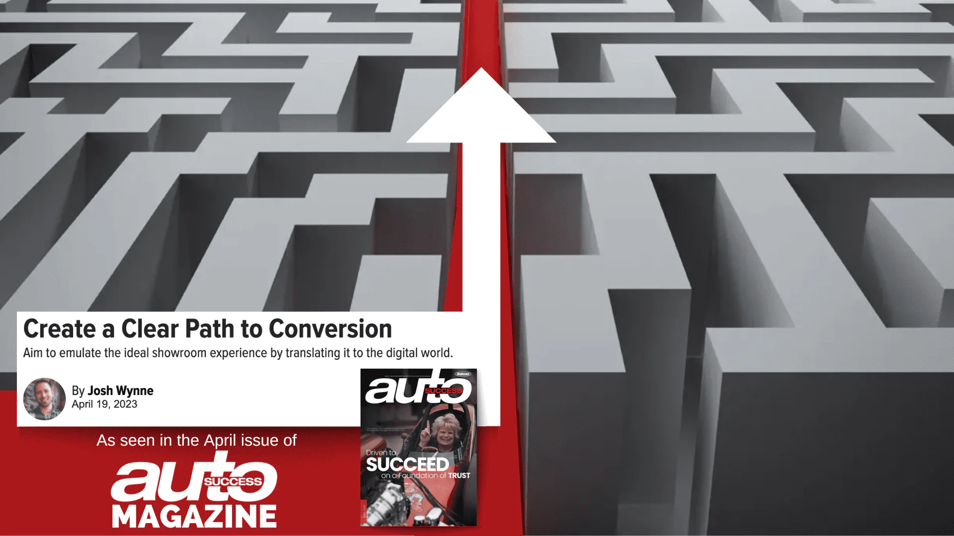 A digital image of a 3D maze with a bold white arrow pointing straight through it.