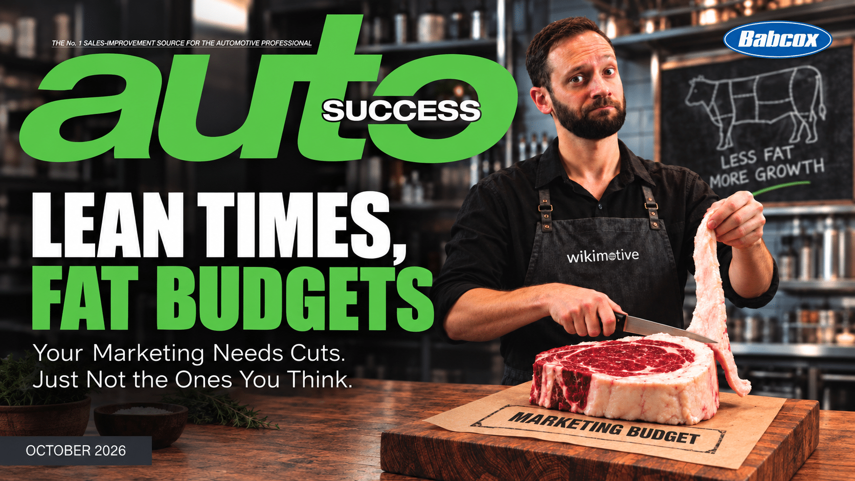 2610_October Cover Wikimotive's cover article for the October issue of AutoSuccess Magazine titled "Lean Times. Fat Budgets" features Zach Billings, posing as a butcher.